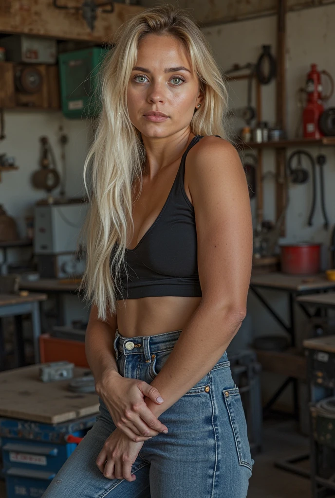 Blonde girl, 25 jahre alt, Haare zum Pferdeschwanz gebunden, tight tank top, hot pants, high heels, cowgirl style, squeezing tits, hyper realistisch, upper body visible, perfect body, Tank Top mit tiefem AUsschnitt, 8K, Realistische Haut, hochdetailliert, ultra high resolution, RAW Bild, Movie atmosphere, various locations