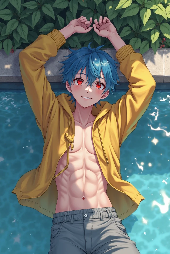 whole body, Young boy about ten years old,Short light blue hair,light blue eyes,shirtless,Only shorts were worn,barefoot,bath,A shy blushing expression,Focus on people,Elevation perspective