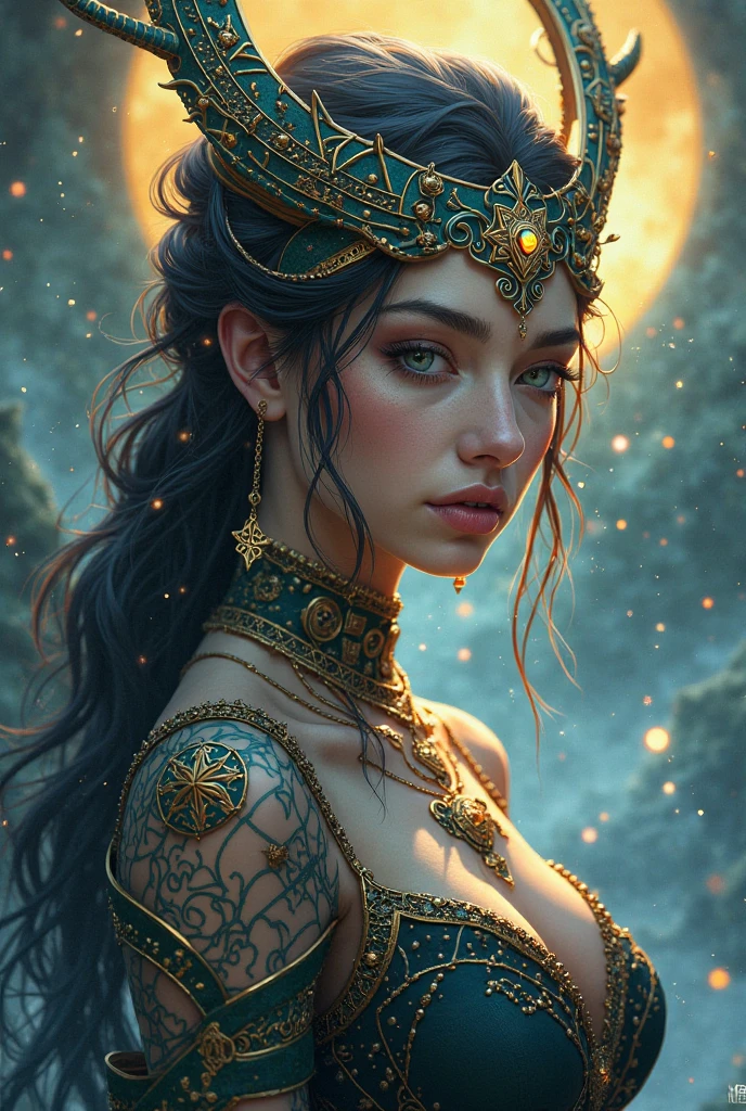 An epic painting of a 19 years old girl figure, curly messy high bun hairstyle, whimsically designed oriental tattoos, subject wearing a gold and ruby high fashion gown, flowing, ornate, beautiful, forbidden beauty, dramatic earth colors, with few vivid purple highlights, by jeremy mann and greg rutkowski, trending on artstation, pixiv, oil on canvas --auto