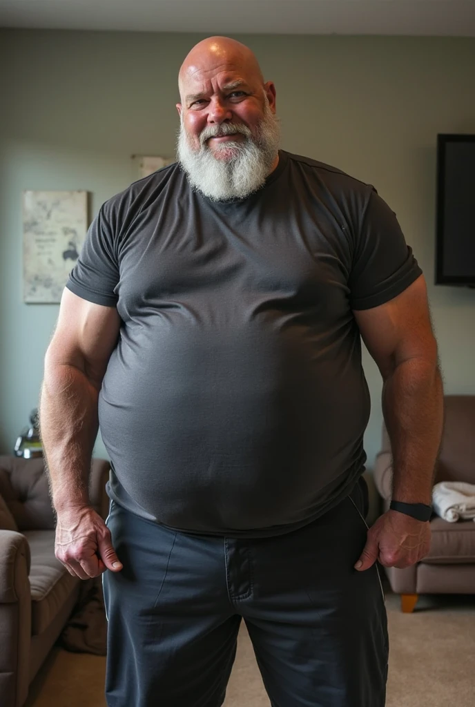 Age 60, balding, white man boss, muscularly chubby physique, a slightly disgusting combination, yet surprisingly kind demeanor, buttoned-open shirt revealing hairy chest, mature daddy vibes, khaki pants hugging his bulging belly.