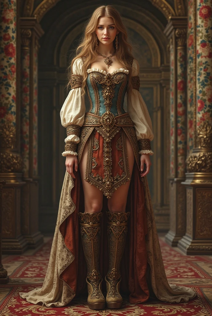 ((best quality: 1.5)) ((masterpiece)), intricate details, sharp focus, professional, real life, realistic representation of the face, dynamic pose, in the style of realistic and hyper detailed renderings BREAK ((detailed (((athletic, (clear, (maroon gold chinoiserie renaissance ball gown, (queen, crown, jewels))), blackout eye makeup: 0.4, [skin detail:freckles:0.7], iceblue eyes), long curly hair [bright ginger hair:blond hair:0.7], smiling, shadows, red lipstick, outdoors, faraway castle)), professional lighting, photon mapping, radiosity, physically based rendering, ultra resolution, hyper-realistic)), photorealistic, hyper-realistic, 8K

