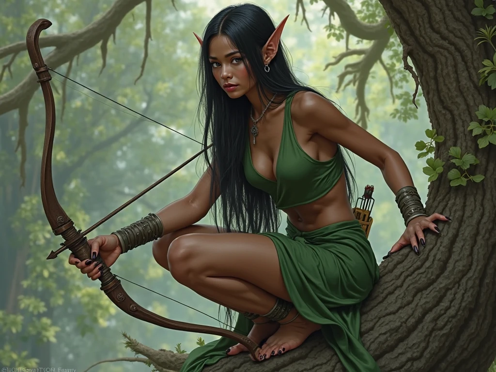 A beautiful young woman (Mila Kunis 25) with piercing eyes, delicate features, and flowing dark hair, playing an elf in a naturalistic forest setting, wearing a fig leaf bikini and wielding a handcrafted bow and crude natural arrows, firing at goblin-shaped targets hanging from the trees, masterpiece, ultra-detailed, hyper-realistic, dramatic lighting, vivid colors, cinematic composition
