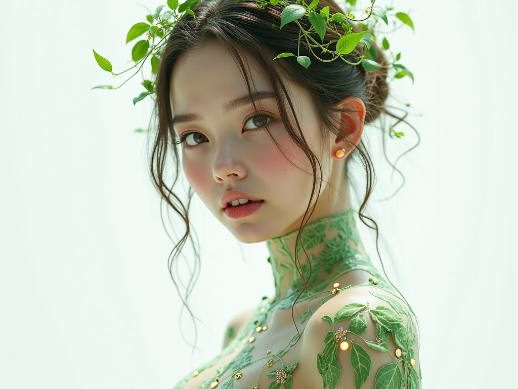 Fashion photography, image of green human avatar, Use realistic leaves to cover the chest., Use realistic leaves to cover the genitals., No jewelry, Use real leaves to cover your body., In a lush forest with flowers and birds, 3D rendering, CGI, symmetrical, Octane Render, 35mm, Bokeh, (complicated details:1.12), HDR, (complicated details, very detailed:1.15), (The skin texture is natural., Surreal, soft light, sharp:1.2)