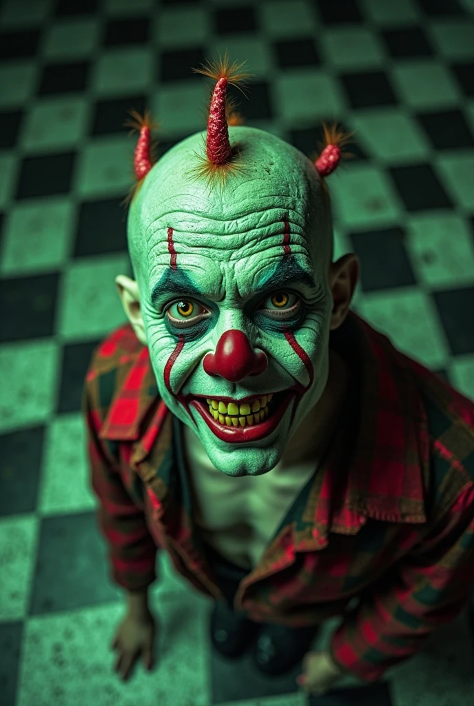 An alien clown with bioluminescent skin, green alien gas rising from his face, and otherworldly makeup. The background is a surreal, extraterrestrial landscape.