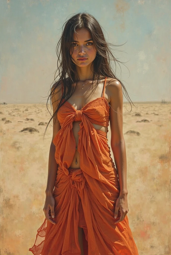 alone in the universe, in watercolor style, Photorealism, discreet golden and ruby and mint shades, (nude) gentle modest thin girl (with a very beautiful exquisite face) southern type with short dark hair with beautiful breasts with tender nipples (barefoot) in a long orange skirt walking in the distance (Across the desert), stunted little plants, drought, precious jewelry on the neck and chest and on the wrists, precious bracelets, ankle bracelets
