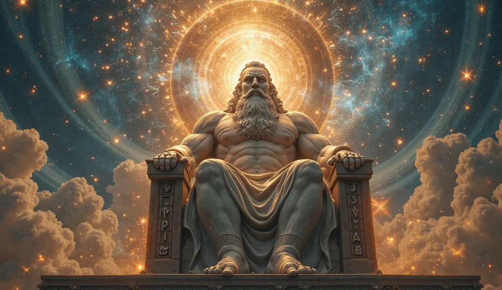 Image of a statue of a man with a beard and a robe, roman festival backdrop, epic scene of zeus, ancient sci - fi elements, (octan render) estilo fantasia, Fantasy Style 8k Octane Rendering, VFX surreal altamente detalhado, bipe. octan render, world seen only through a portal, Beeple e Alphonse Mucha