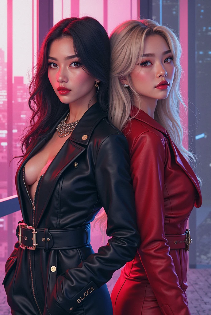 Shoujo style, Aesthetic background, Romance Manhwa, One woman ,wolf cut hairstyle ,red lipstick,black glasses,sharp jawline,face makeup,mole under right eye, hoop earrings, perfect mature body,cleavage,full sleeve Black shirt,white jacket ,legs black  stockings 