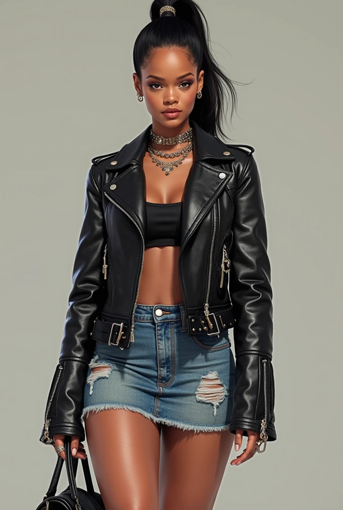 1 girl, Woman, dark skin, black woman, beautiful, 18 years, make-up, passionate look, soft lighting, punk style, leather jacket, fishnet stockings, long punk boots, posing in a alley, graffiti on the walls, ray tracing, award winning, photorealistic, 8k