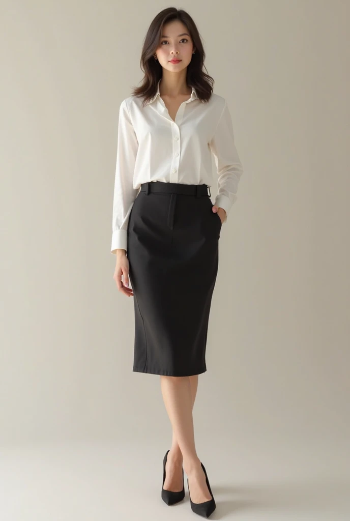 (Tabletop,high quality:1.3),(Written boundary depth:1.3) ,((Front body:1.35)),  Japanese ,woman, Natural Makeup ,Standard height,(woman用ビジネスブラックスーツ、Midi skirt in black:1.2),Huge breasts, Huge breasts, chic, Curvy,(View your audience:1.3),(whole body:1.2),Office window