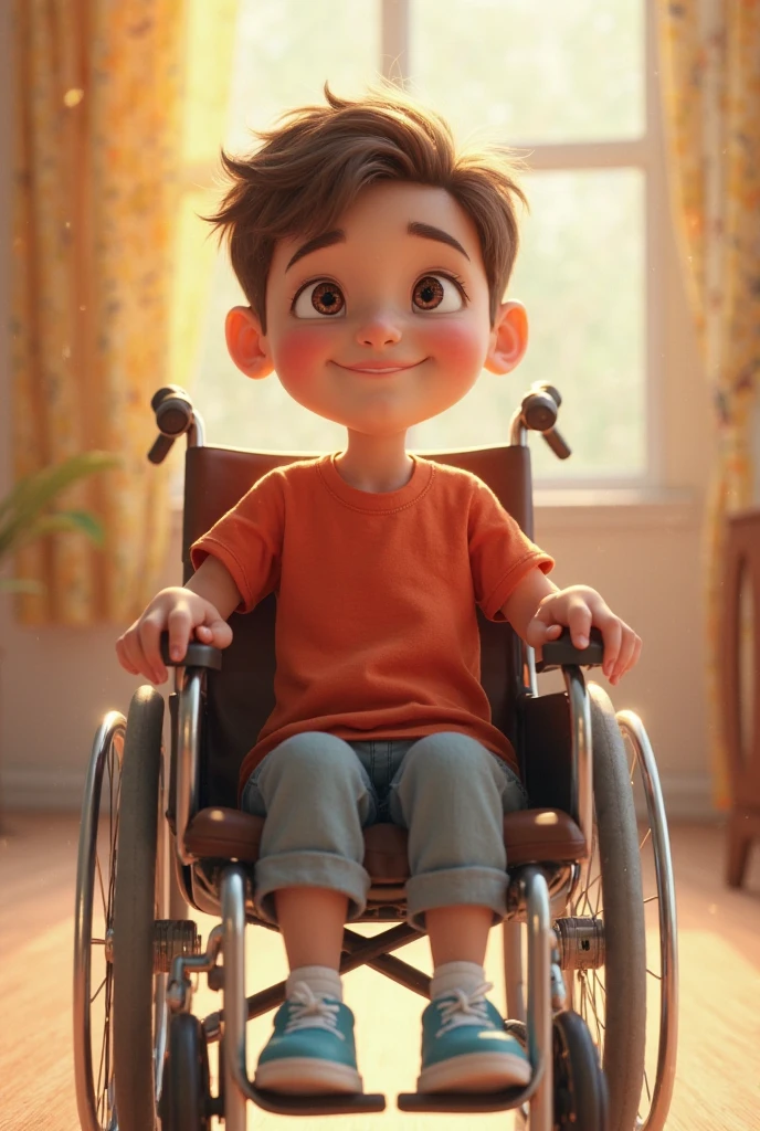 A barefoot teen guy in wheelchair in his room