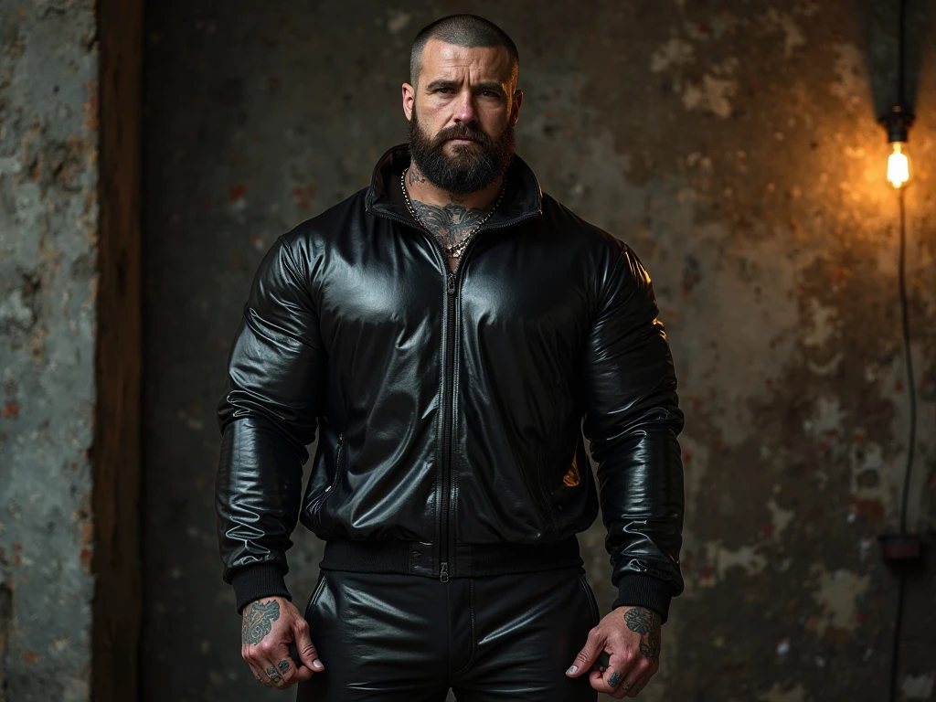 arafed man in a black leather jacket leaning against a wall, leather jerkin, strong and imposing, black jacket | shiny, black leather costume, extremely muscular, leather padding, robust stocky body, black leather slim clothes, dressed black hoodie, skintight leather clothes, very muscly, athletic tall handsome guys, 30 year old man :: athletic, hot man, big beefy man, leather clothes, dick bulge