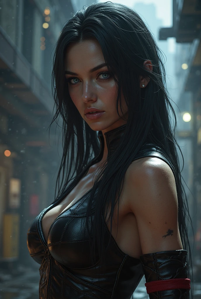 a beautiful girl with gorgeous blue eyes glowing with magic, gothic makeup, large breasts, open clothing, white shirt, black mini skirt, rain, wet clothing, street, night, cinematic lighting, dramatic pose, gorgeous detailed face, intricate details, masterpiece, photorealistic, 8k, highly detailed