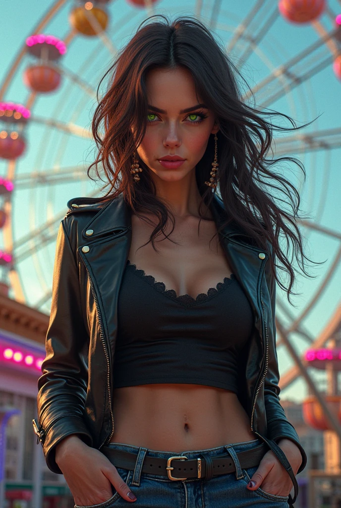 Beautiful girl with black long hair, black and elegant dress, stand in a front of a car, a bugatti with a glass of wine, green eyes and a deadly look. realistc image, 8 K.