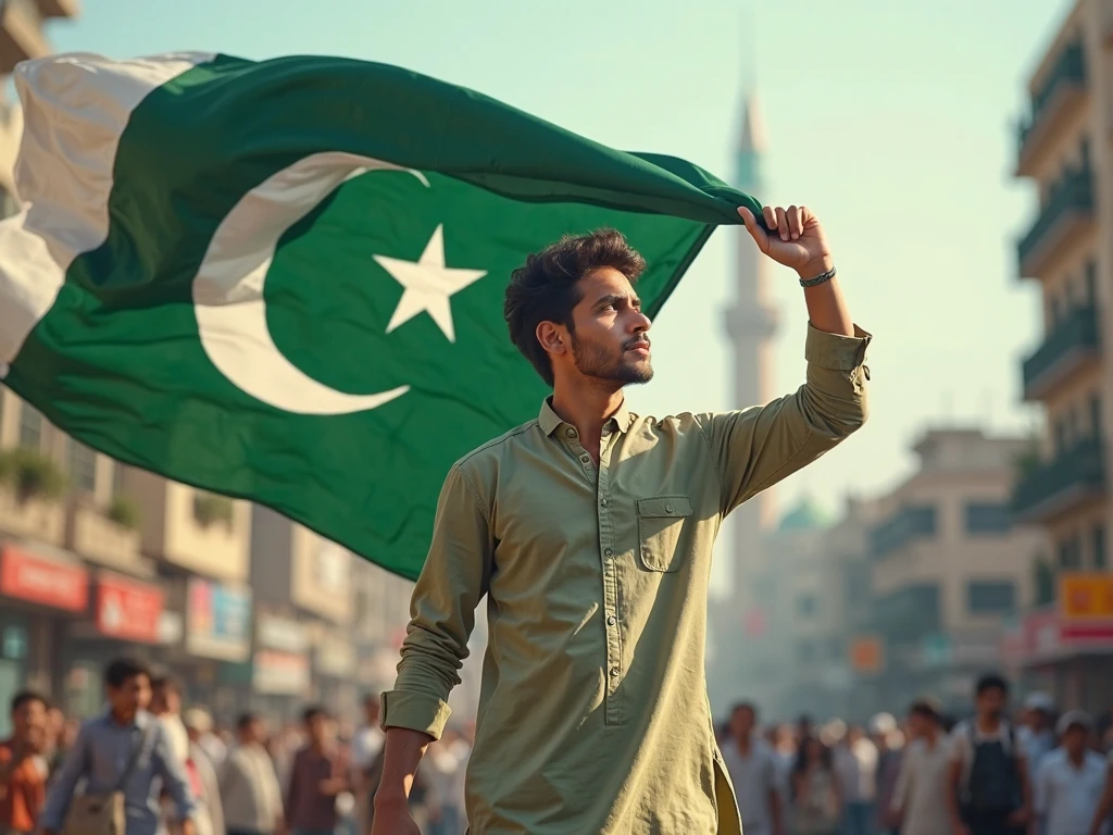 Generate a Realistic 20 years old boy,Wearing a shirt print is like pakistani flag and "MOOSA" is written on his t-shirt and the boy is standing on the road with hand holding a national flag of Pakistan,and behind him is the Minar E Pakistan.And written on sky "Happy IndependenceDay" Create Realistic image high quality