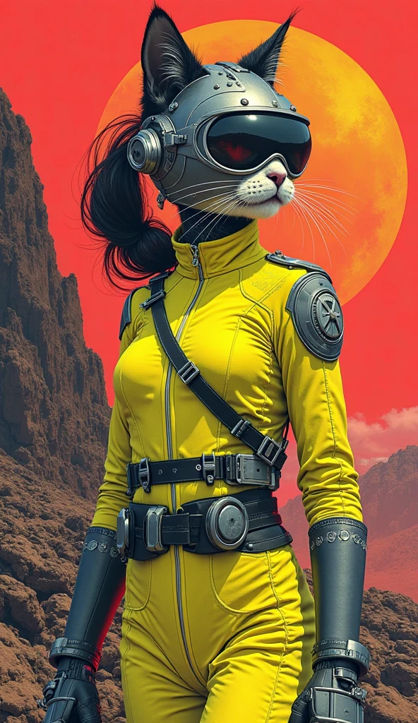 Beautiful Japanese Geisha female cat with fully    
An illustration of a a 1950s-style Glass art  female cat sci-fi character named Captain Zara Starlight. She wears a sleek silver jumpsuit with a utility belt, oversized goggles, and has a stylish bouffant hairstyle in a surrealistic Planet X scene  Tinfoil red background  in bright, neon Yellow and Black colors with strong facial features, wearing a A Metal Spikey Helmet and holding a Ray gun . The Captain is standing in front of a wild dinosaur robot in a street art style.   holographic cat skin. She's glowing at the counter of life in a threetone surreal hillside. Naturecore holographic skin ref--niji3 xyz308