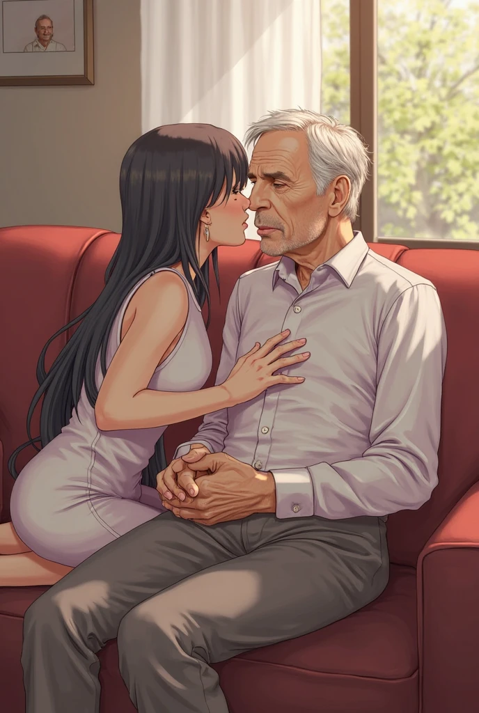 1maturewoman, long black hair, single braid, milf
1oldman, very old
"Mature woman and oldman kissing", kissing, face to face, romantic,single braid