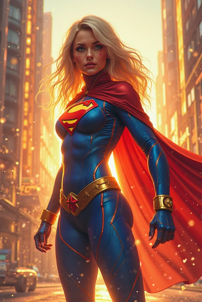(Neon lights),circuit boards, ((whole body view)), (SUPERGIRL is in outer space), (Complete DC Comics Superheroine), fora, highlights your muscles and scars. The scenery is lush and mysterious, com galaxias ao seu redor. The camera details everything. ((ela tem cabelo loiro, ela tem cabelo comprido)), (Ela tem um sorriso confiante, Pose heroica), ( His attitude is fearless), ( Ela tem uma personalidade arrogante), Woman body set big breasts, flirty, sexy, naughty, athletic and fit body.