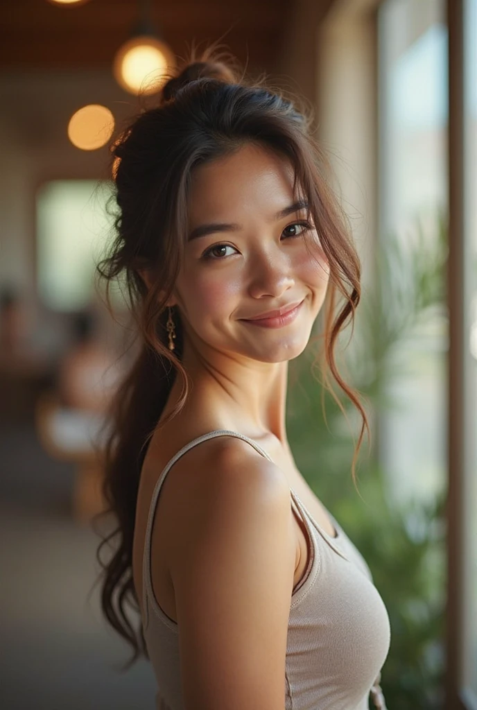 piercing hair, Curtain hair, hair bun, Big Hair, medium hair, hair bow, heart shaped student, Raise your eyebrows., smile, wrinkled lips, Surrealism, Renaissance, anime, anime style, movie light, depth of field, god rays, shadow, Fuji Color, first person view, throw, wide angle, anime style, Surrealism, UHD, retina, Masterpiece, correct, textured skin, Highly detailed, height, 16ก