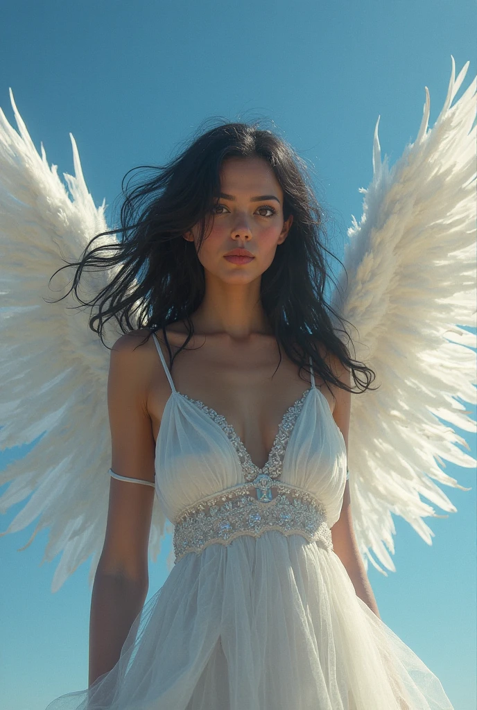 (Beautiful Black Woman, Beautiful angel, whole body:1.3),(White skin:1.8),(Beautiful small breasts:1.35),(heavenの輪, Angel Wings:1.4),(Look at this),(A Kind Smile, Long face:1.45)、(White see-through dress, See-through pubic hair:1.4),Random Accessories、(Asymmetrical layered cut hairstyle:1.15)、blue sky, Floating in the air, heaven
