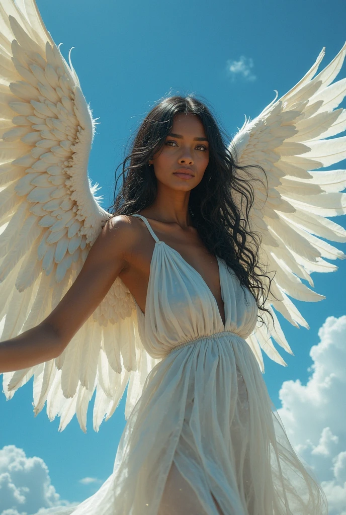 (Beautiful Black Woman, Beautiful angel, whole body:1.3),(White skin:1.8),(Beautiful small breasts:1.35),(heavenの輪, Angel Wings:1.4),(Look at this),(A Kind Smile, Long face:1.45)、(White see-through dress, See-through pubic hair:1.4),Random Accessories、(Asymmetrical layered cut hairstyle:1.15)、blue sky, Floating in the air, heaven