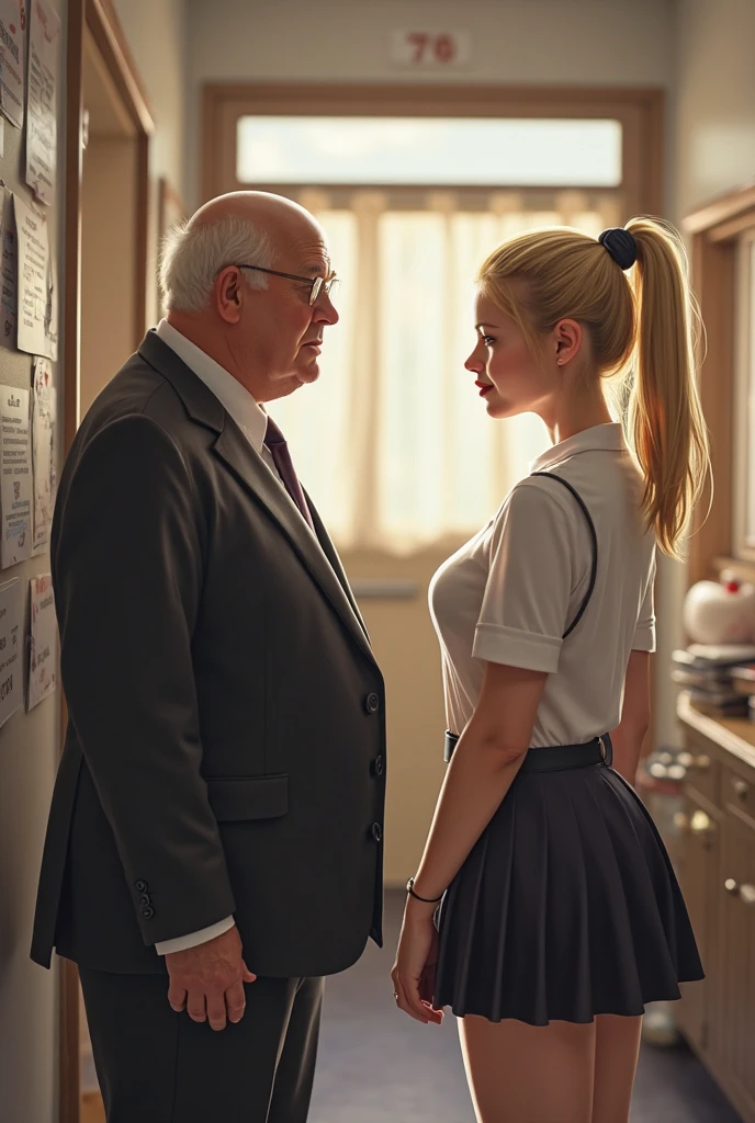 (Dirty old man with torn clothes at 40 years old)、(Elderly man hugging her from behind and talking in her ear.)、otros hombres la pillan con el culo haciendo cabriolas、Stand up with your knee-length white skirt swinging、A photography、obra maestra、mejor calidad、Fondo gris oscuro、(1 Girl with blue eyes and quickly curly blonde hair)、Wait until you wear the stomach full of the small buttocks breastini Sexy Swing Round Skirt:1.3)、(camisa blanca abierta:1.3)、Old man leaning on her from behind and lifting her、