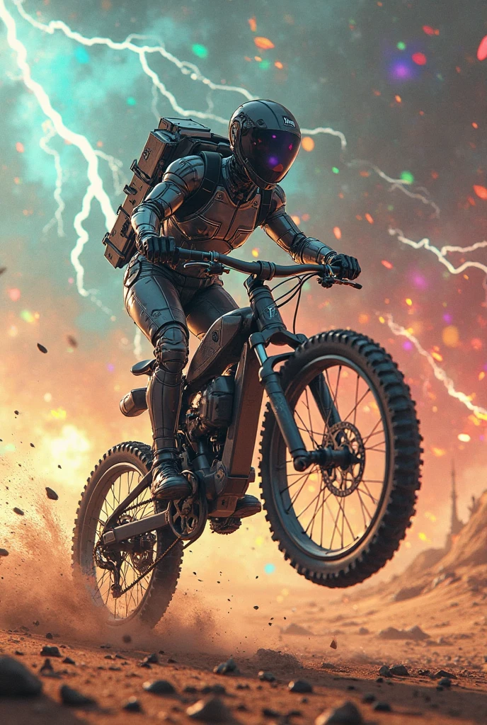 sexy android, roboT, big backpack, Performing acrobatics on a mechanically armed bicycle, (sand splash:1.3), Storm and k colorful lightning background, in Space War, pipe, Code, balloon, large hole,