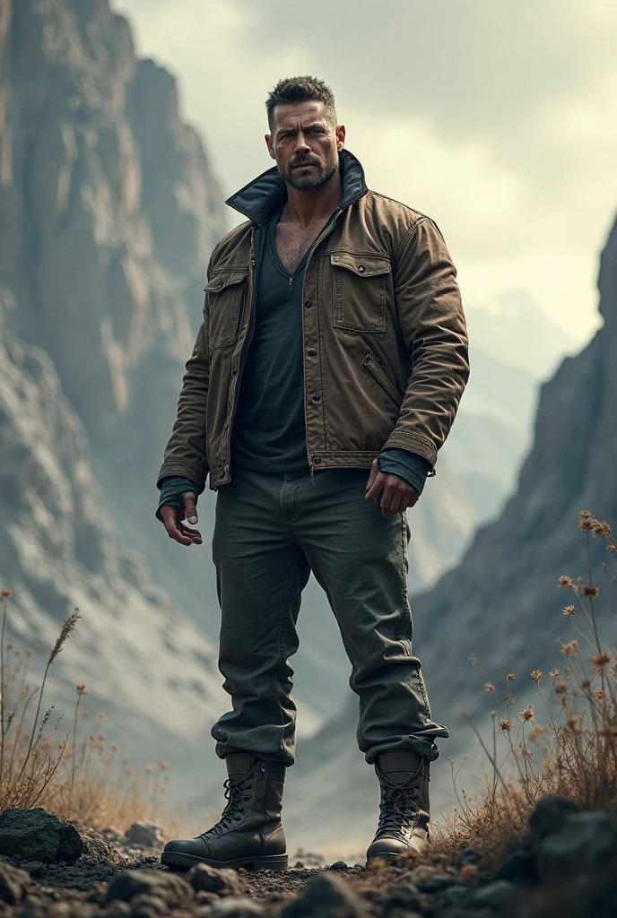 Professional photography, Chris Redfield from Resident Evil 8 stands on the dirt road，Put your hands in your pockets, large bulge，watching，wearing black masculin trench coat，belt，There are willow trees next to it，wearing black suit socks, No shoes allowed, socks and feet only Visible , Tsuchiya，ruins，（（Glasseale focus，dark brown clothes，dark brown backpack，high detail, Full body photo, panoramic，body positive, 48 years old, hairy chest，focus on socks and feet, Nasal pattern，rough face，worried expression，oily skin reaction，Strong hands，Covered in sweat，chest muscles，Very large nipples，Raised nipples，strong muscle，Thick waist，wide waist，brown skin，thick thighs，Brown tong，((crotch bulging))，（crotch bulging），Detailed hair details，gaston boucier style，sunny，blue sky，Sunlight，blue sky，There are mountain peaks in the distance，global illumination， CG-level lighting rendering，low contrast， (best quality)，masterpiece，8K wallpaper quality，List of Utria , Normal