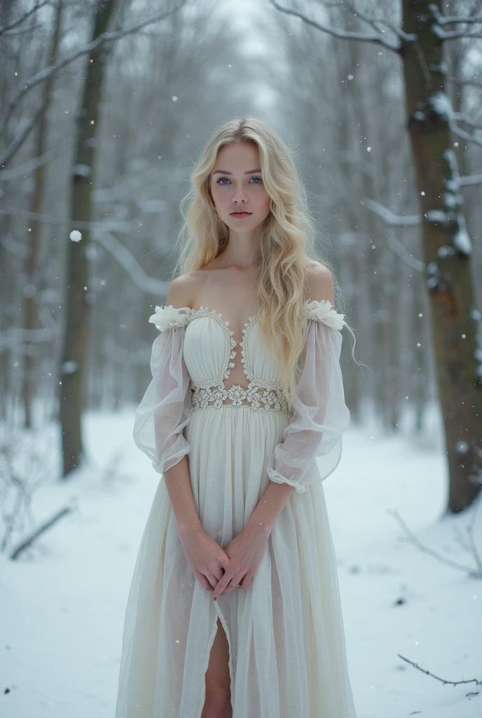 Generates a girl, slim, Natural blonde like the sun, long wavy hair, Too white and pure skin and Emerald green eyes with a white dress covered and walking in a forest with snow in front