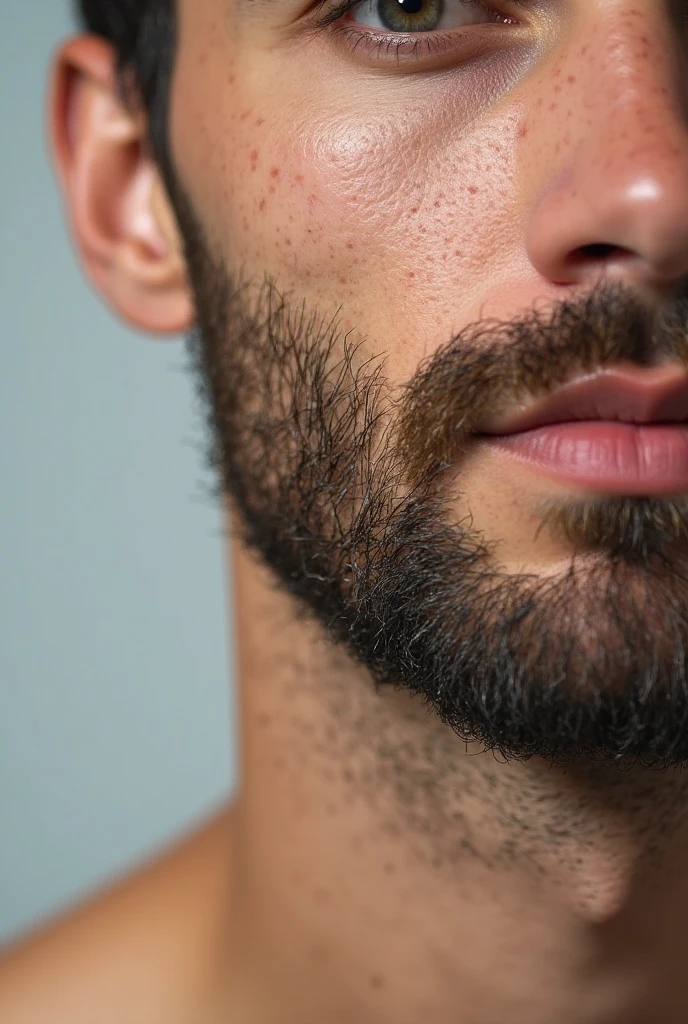 Man looking on side, wearing black t shirt, with closed eyes and clean beard.. he has muscles 