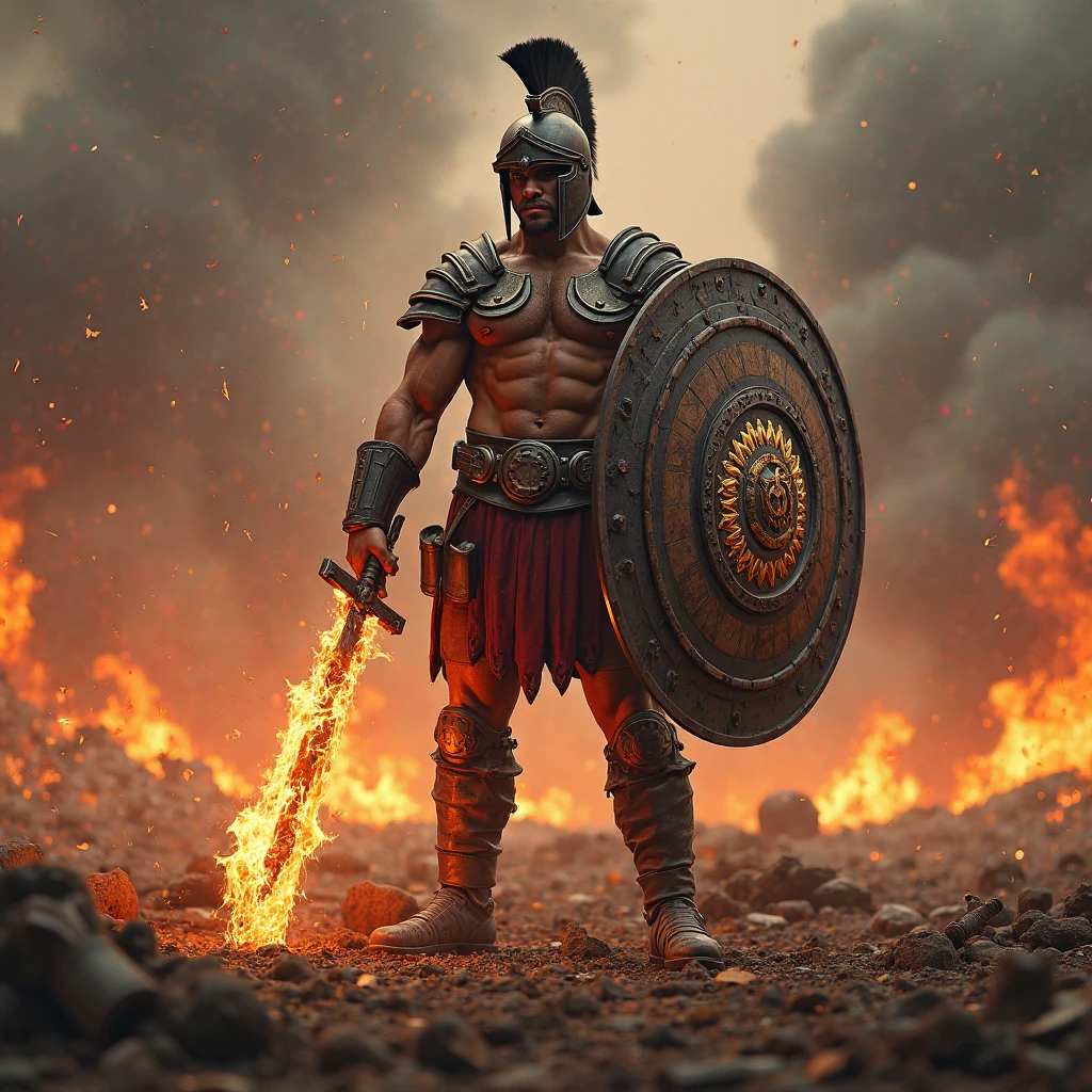 spartaan met een harnas, helmet and shield in his hand, who wants to throw a spear with his other hand, with fire in the background