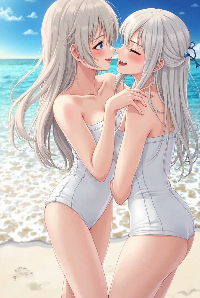 Two women. Una recostada y la otra standing. Yamanaka Ino, Blonde, naked, playa, sunrise, Pussy dripping, lying on her side in the sand. perfect body, perfect legs, perfect arms, perfect feet. Hyuuga Hinata, teen, naked, standing, dildo soaked en mano, Pussy dripping, perfect body, perfect legs, perfect arms, perfect feet, smiling face