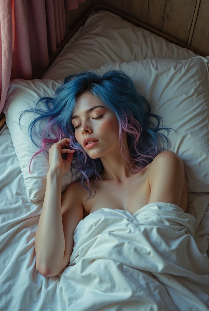 (shoulder-length straight short hair: 1.2),(rainbow color hair:1.5),（Extremely meticulous CG 8k wallpaper），（Extremely refined and beautiful），（Masterpiece），（best qualtiy:1.0），（Ultra High Resolution:1.0），beautiful light up，Perfect lightning，realistic shaded，[A high resolution]，Smooth and flawless fair skin，Extremely exquisite facial details，ultra - detailed，A  girl，small head,dawn,Dim light,Close Shot,at home,in bedroom,lying flat on back in bed,Blue green background,(Close eyes:1.5), sleeping, fainting, enjoying a comfortable and intoxicated expression,(open mouth:1.3),(drooling:1.4)，Top down overhead camera perspective，small face,（perfect body:1.1）,small breasts，flat chest，slim,(rainbow color pajama shirt:1.5),(white pantyhose:1.3),Slender legs,m-legs,(femal orgasmic:1.5),(blush:1.3),ahegao,cowboy shot,portrait