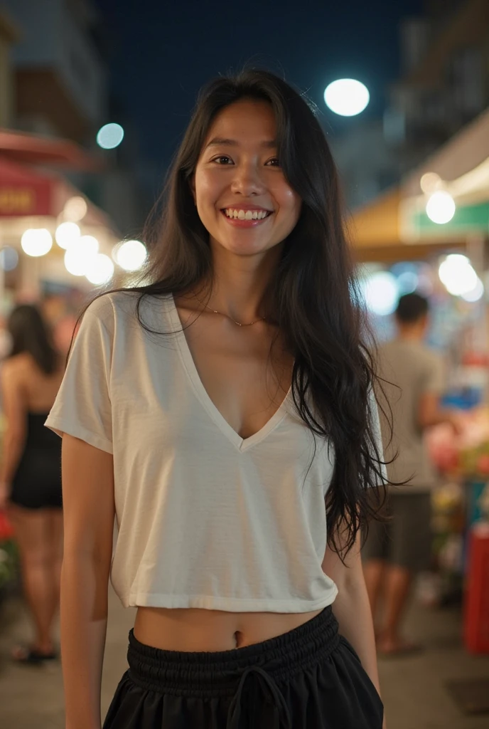 Beautiful indonesian babe, 21yo, ((wearing white casual)), traditional, modest, portrait, professional lighting, night street, blur background, soft light, 8k resolution, ultra quality, cute, perfect smile, large breast inside, casual wear, shy