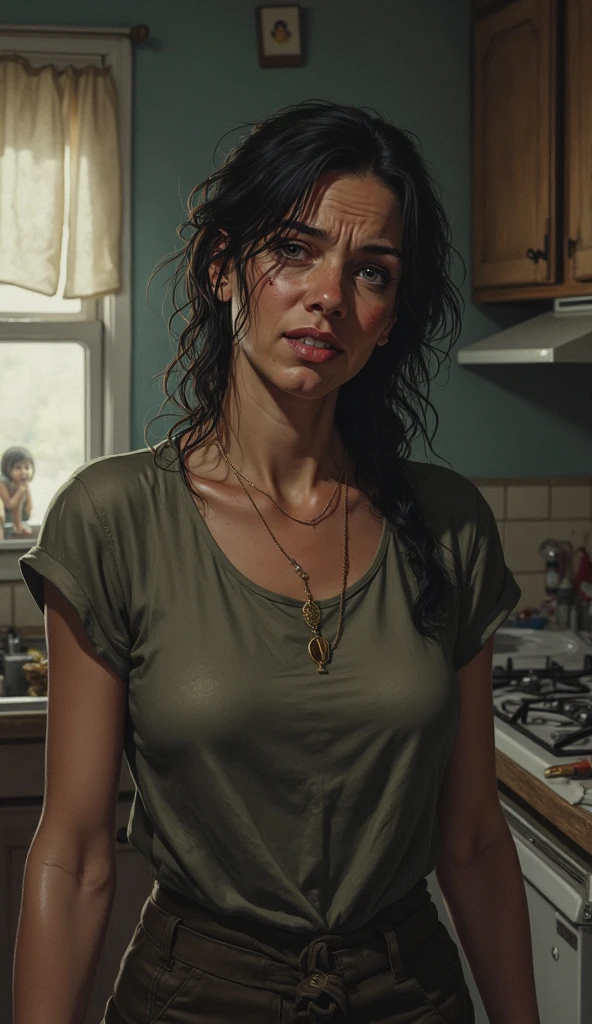 ((Jenna Coleman)), (very slender tall figure), leans into a large bale of hay,
((helpless)), ((sad)), ((tears in the eyes))), (small head), ((small_breasts)),
((cotton panties)), ((crop crop short shirt)), ((covered in dirt)), ((cameltoe)),
((detailed realistic face and eyes)), cinematic lighting, 8K resolution