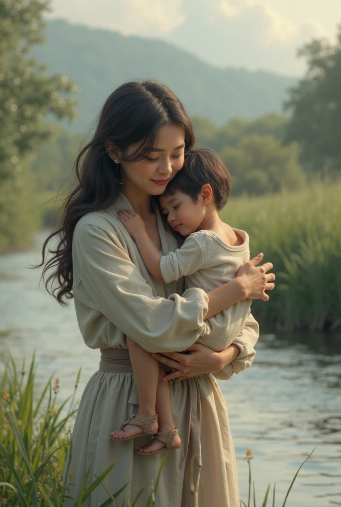 A beautiful mother holding a baby,Ju Jingyi,Peaceful,Asian faces,Hyper Real,movie atmosphere