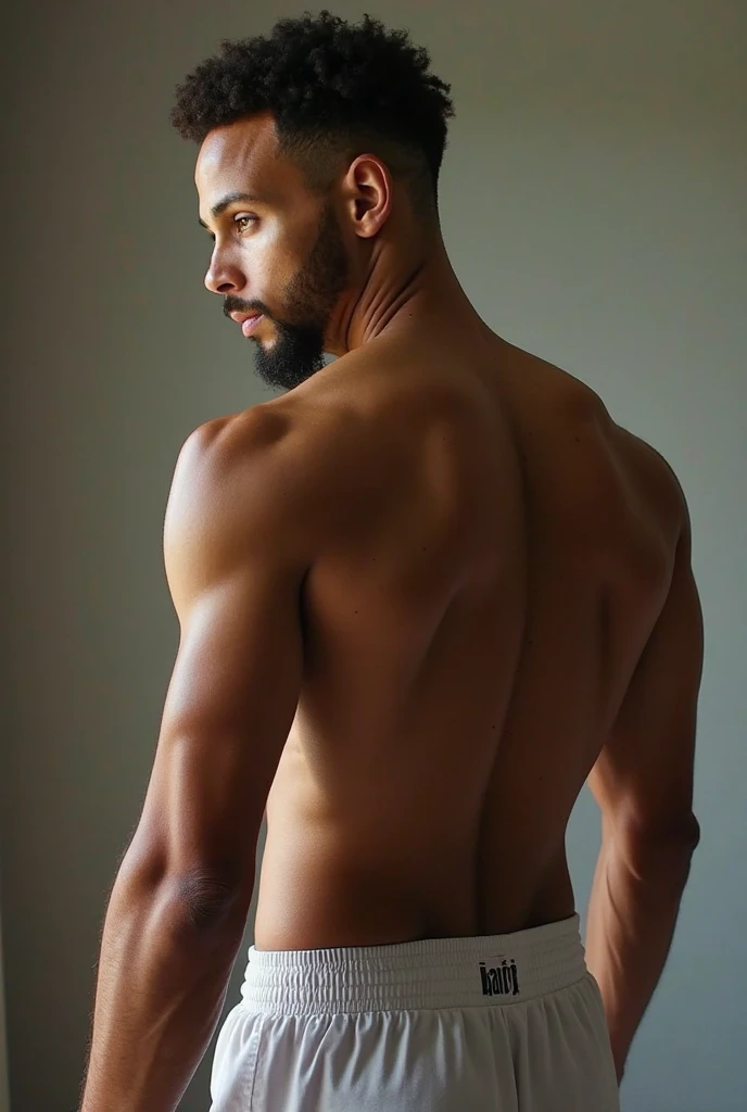 Generate 16:9 images of Adamu standing beside his bed, wearing white short with Hausa cap with visibly pronounced oversized manhood on a vertical erection. Adamu is a tall, handsome, and light-skinned Nigerian of Hausa tribe with a neatly trimmed beard.