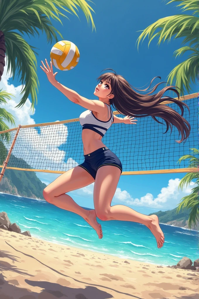 During an intense beach volleyball rally、Please draw an illustration of a woman in a swimsuit diving on the sand to catch a ball.。White waves and shining sun in the background、The passionate battles of sports are depicted。
