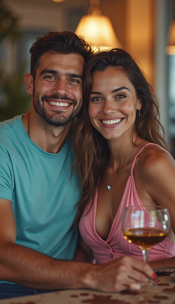 A brunette woman, medium wavy hair, slim, in a selfie together with your boyfriend in a chic environment, them giving a peck on the cheek, your boyfriend is muscular, tattooed and has straight hair