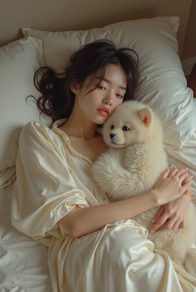 A sleeping Asian woman, 25 years old, realistic, she wears pink 7-point shorts, white t-shirt, white hair. High detail, high resolution. Sleep with puppy in your arms, white skin, hold puppies, hold puppies