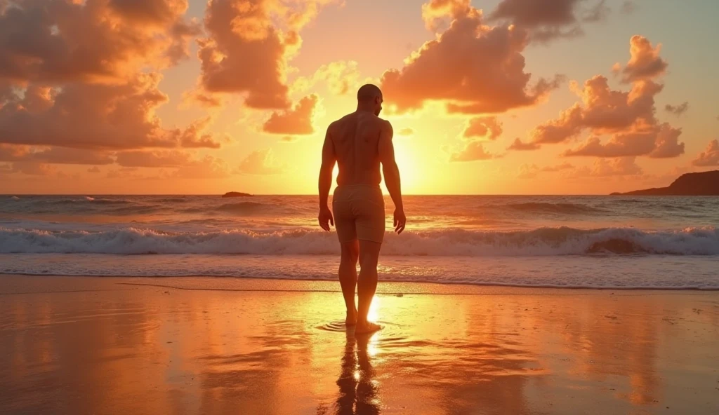 guttonervision8, dia lindo de nascer do sol em uma praia deserta com coqueiros e pedras. Um homem caminhando tranquilamente pela areia admirando o nascer do sol. O colorido do nascer do sol reflete no mar. Imagem realista, fotorealista, hiper detalhe, uhd.
