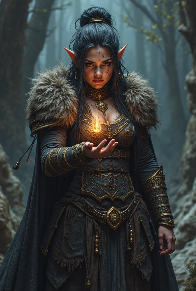 Créez une image d'une magnifique elfe dans un environnement de forêt enchantée. Elle doit avoir des traits délicats et gracieux, des oreilles pointues et des cheveux longs et élégants. Elle doit porter des vêtements élégants et légers en harmonie avec la nature, comme une robe en feuilles ou en fleurs. Elle peut avoir des accessoires comme un arc et des flèches ou une baguette magique. L'image doit dégager une aura de mystère et de beauté., sf, intricate artwork masterpiece, ominous, matte painting movie poster, golden ratio, trending on cgsociety, intricate, epic, trending on artstation, by artgerm, h. r. giger and beksinski, highly detailed, vibrant, production cinematic character render, ultra high quality model