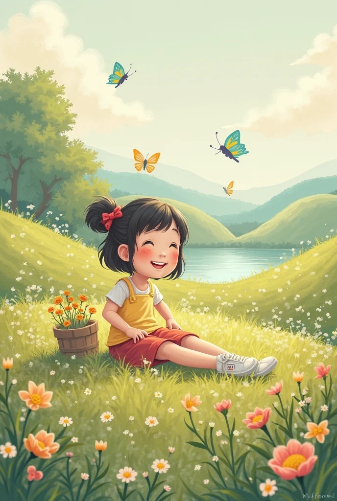 a happy girl sit on a bench in a garden enjoying summer with many butterflies