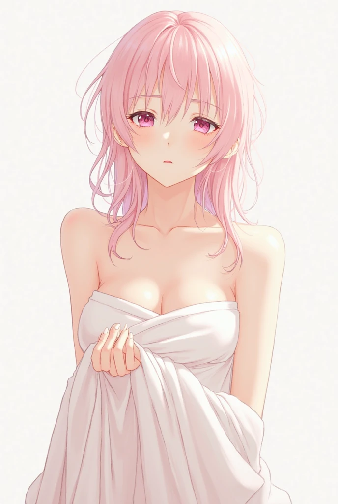 naked, medium breasts, nipple, pink ponytail hair, head facing to the right, hands covering breasts