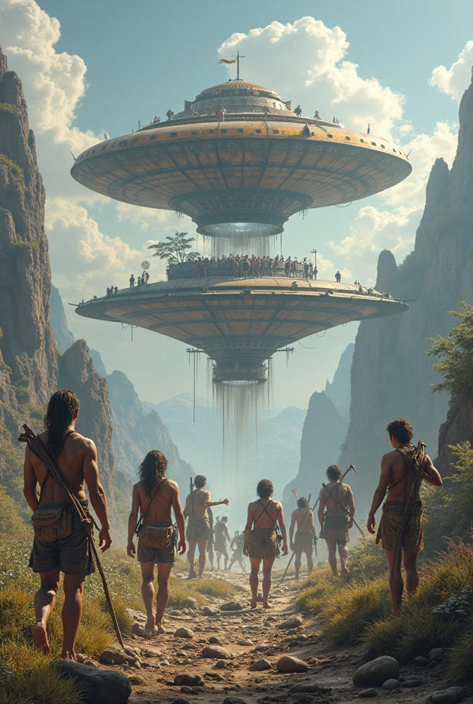 Imagine a scene where a group of extraterrestrial beings with an imposing appearance, like the Anunnaki, descend from the sky in a bright spaceship. These beings could have a majestic appearance, with elaborate clothing and an imposing presence.
On earth, local indigenous people, dressed in traditional costumes and typical ornaments, They watch with wonder and curiosity. They could be in a natural landscape, like a jungle or a plain, with the vegetation and surroundings of your home visible. The expression on their faces is a mix of surprise, fascination and respect, as they look up at the sky and the ship descending.
The atmosphere of the image could be charged with mystery and wonder., with a color palette that highlights both the majesty of the Anunnaki and the beauty of the indigenous people's natural environment.