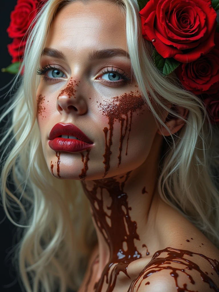 realistic digital painting portrait of a shiranui flare, (Masterpiece:1.2), best quality, (delicate details:1.5), lovely white hair, yellow eyes, (hell:1.5), (blood, black), (devil:1.5), torn cloth armor with damask and chrome engraving, intricate details, (detailed background), (very detailed skin:1.8), (scarlet hair), pointy hair, (closed eyes), (nude:1.2), skinny, navel, cute, (intricate details), Exquisite details, (disheveled hair), (fantasy), detailed_cute_face, (colored skin),((ruby crystals on body)), (ruby crystals), ((puffy nipples)) (floating crystals), dynamic angle, depth of field, (((scarlet skin))), (wet), ((melting)), scarlet slime, cinematic light, best shadow, light smile, opened mouth, floating, translucent skin, ((floating)), global illumination, art by hoang lap and fuji choko and artgerm, and greg rutkowski and viktoria gavrilenko