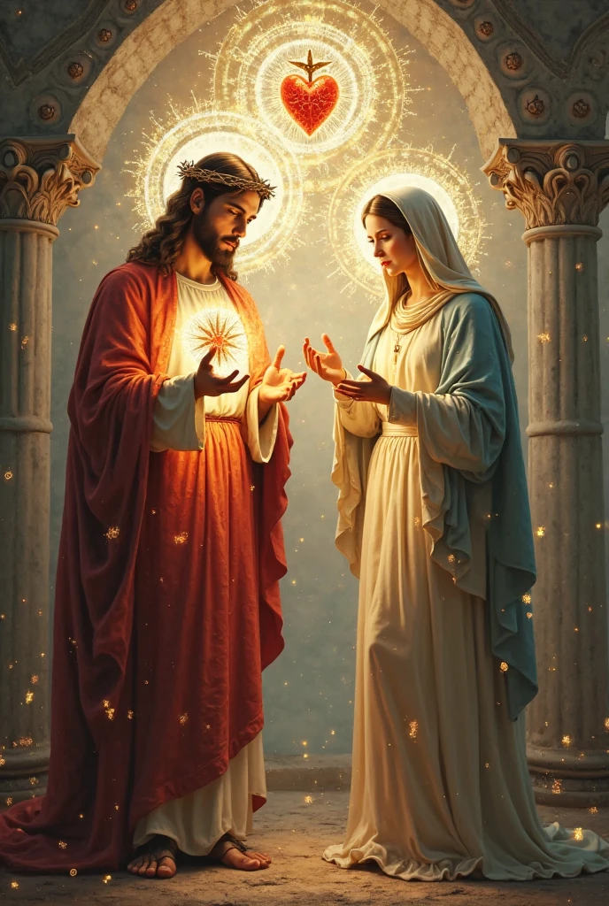 sacred heart of jesus and inmaculate Maria next to each other and looking a
the front