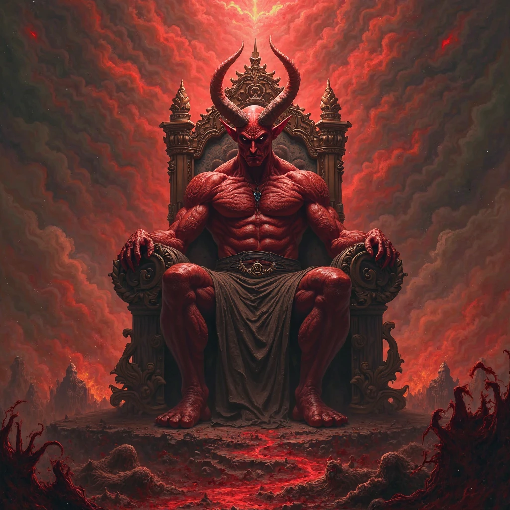 Baphomet sitting on his throne in hell with bloodied ground