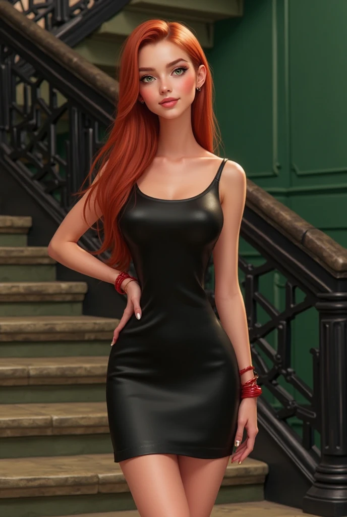 1mujer, pelirroja, ojos verdes, culo grande, small breasts, vestido sexy , realista