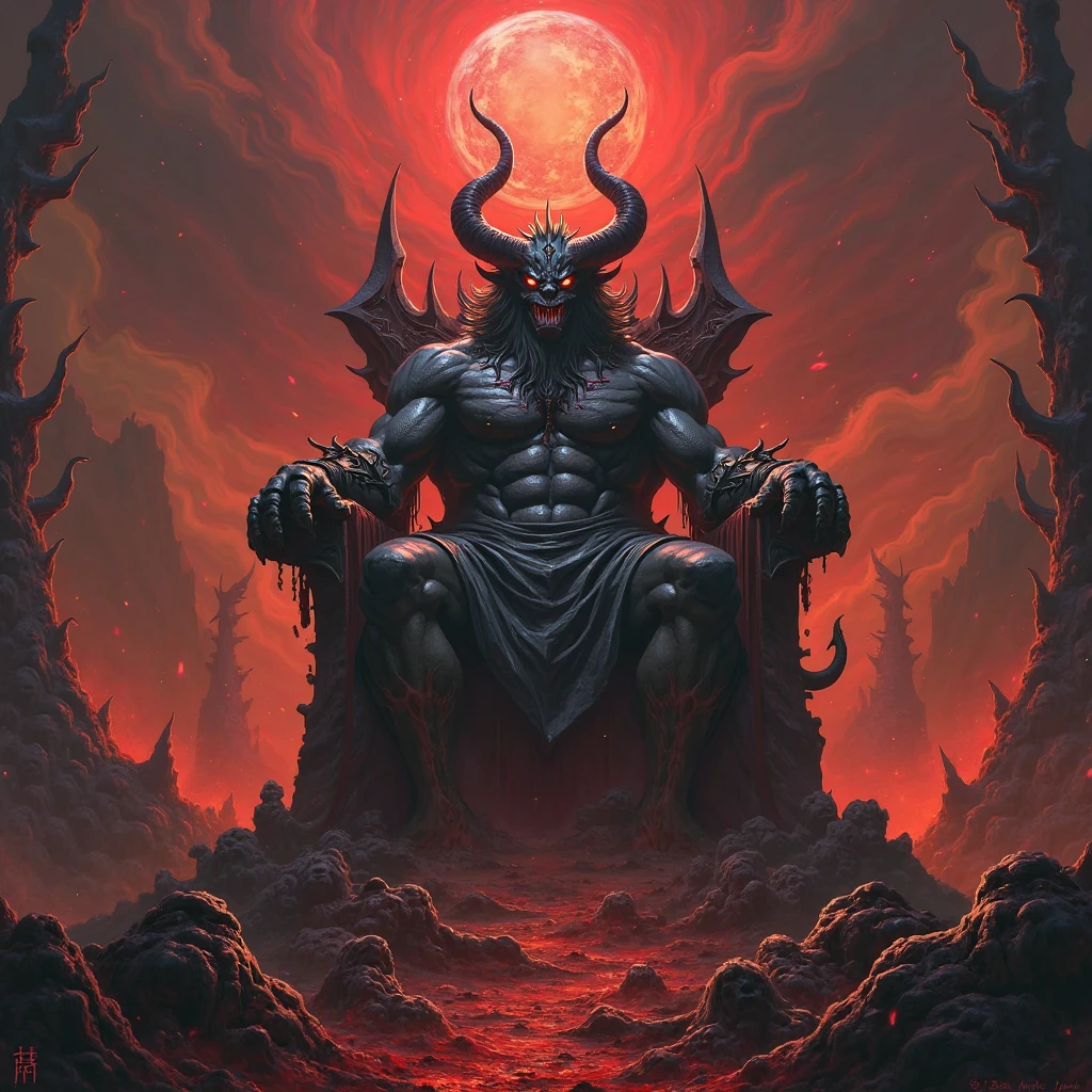 (best quality,4k,high resolution,masterpiece:1.2),Super detailed,actual:1.37,Moderate:(illustration,painting,3d rendering,photography), (Hell Palace，Lava waterfall in the background), The demon king sits on his throne, fiery red aura, threatening expression, A dark and majestic figure, The big protruding horn on the forehead, Elaborate golden throne, There are intricate carvings on the walls, Lava gives off an eerie glow, billowing smoke, flickering flame, Menacing shadows, Intimidating atmosphere, Magnificent and majestic building, Ornate decoration, ominous premonition, Dark color palette with fiery red accents, dramatic lighting, Extremely hot, swirling lava, Lava flow flowing down waterfall, Smoke surrounds.
