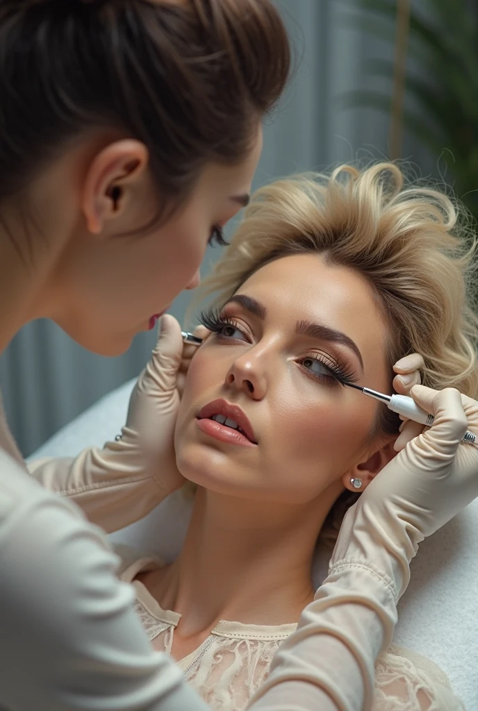 Big breasts, charming beauty, fashion girl, undergoing plastic surgery, face lined with makeup, eyes lined with kohl, thick eyelashes, clear and pure facial skin, natural collagen powder, shiny oily sweat, hair styled in a bun, open chest, big breasts. Complex configuration without errors.